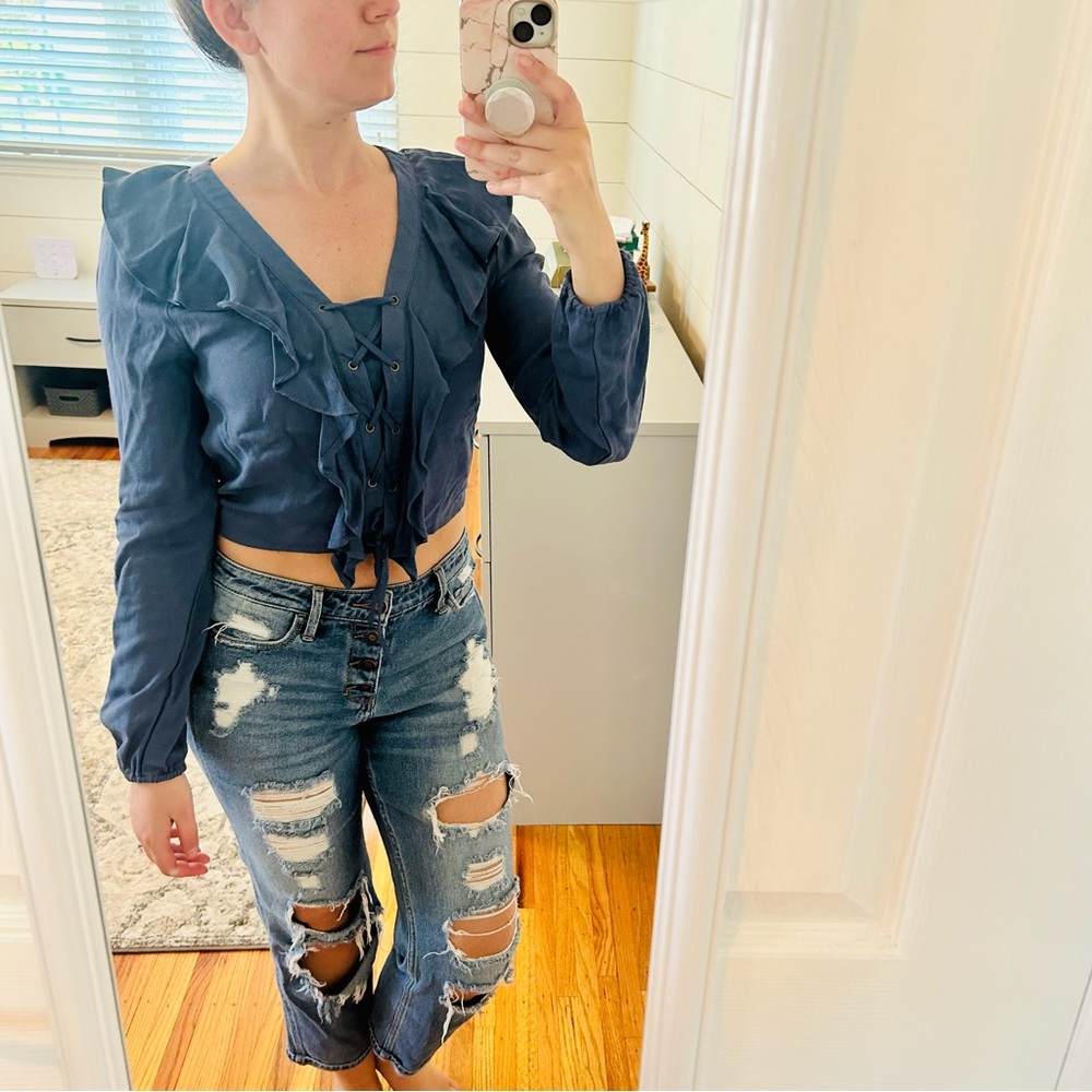 American Rag Blue Ruffle Long Sleeve Crop Top